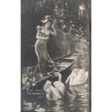 Lady with Swans Russian Antique Postcard
